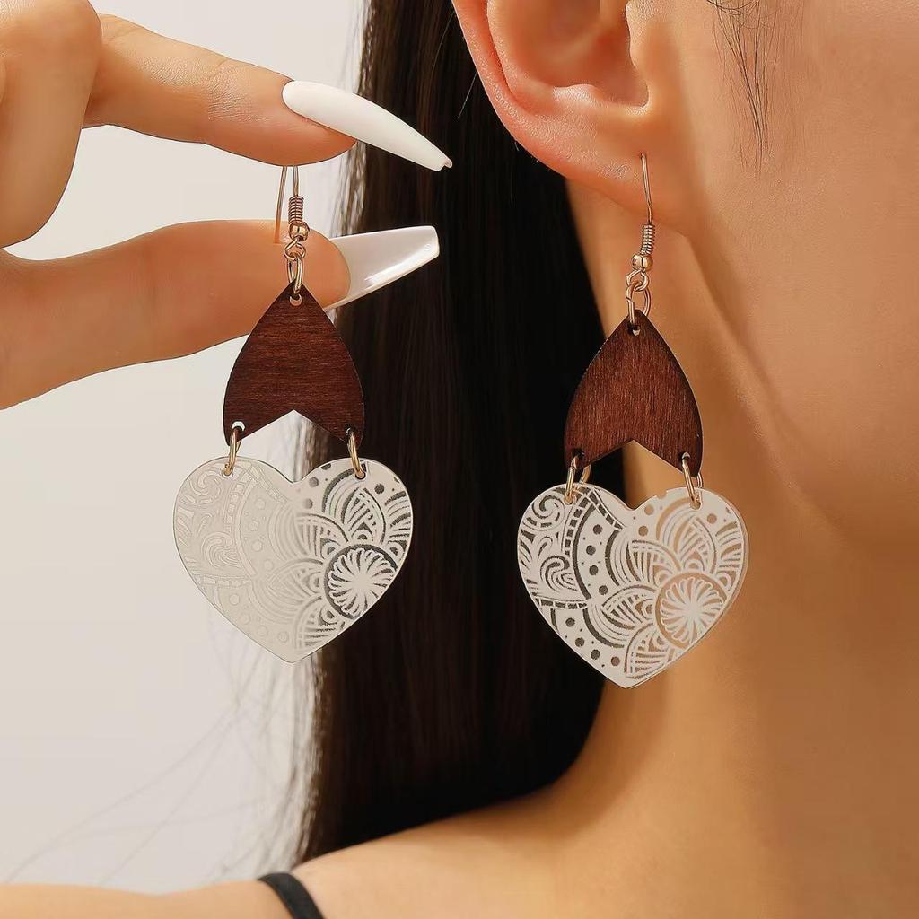 Ethnic Style Temperament Wooden Patchwork Printed Hollow Acrylic Heart Shaped Earrings For Women