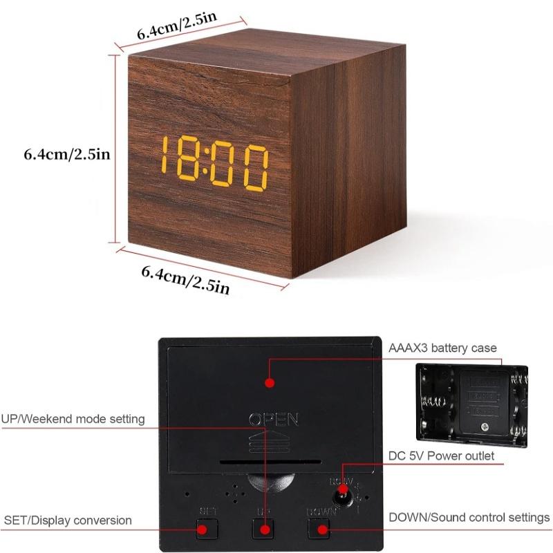 Voice Control Wooden Digital Alarm Clock TEMP Date 3 Alarms Desktop Electronic Table Clock 12/24H USB Powered LED Bedside Clock