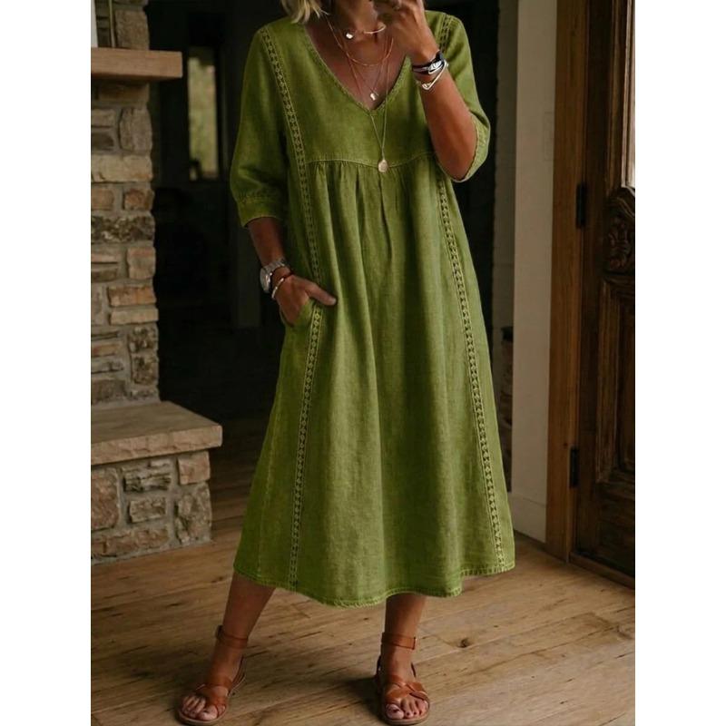 QICED Fashion Summer Spring Solid Color Print V-Neck 1/2 Sleeves Casual Dresses
