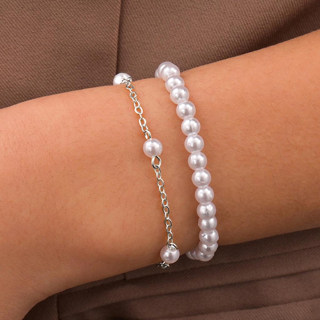 Stylish and Minimalist Imitation Pearl Double Layer Alloy Adjustable Bracelet Jewelry Gift Clothing Accessories