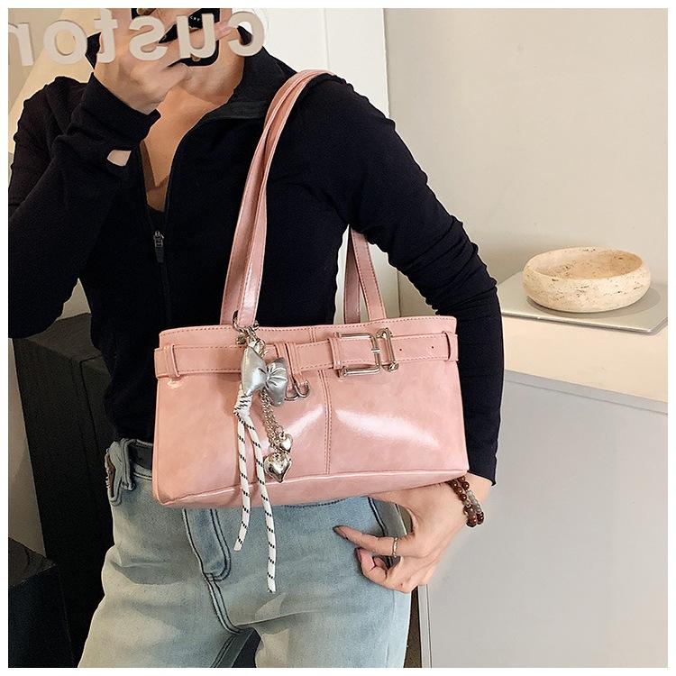 Belt Buckle Design Shoulder Satchels Bag For Women 2025 New In Luxury Designer Handbags Branded Fashion Totes With Pendant