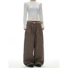 Kisko American Retro Double-Pleated Brown Plaid Drape Casual Pants for Men and Women, High-End Loose Straight-Leg Long Pants