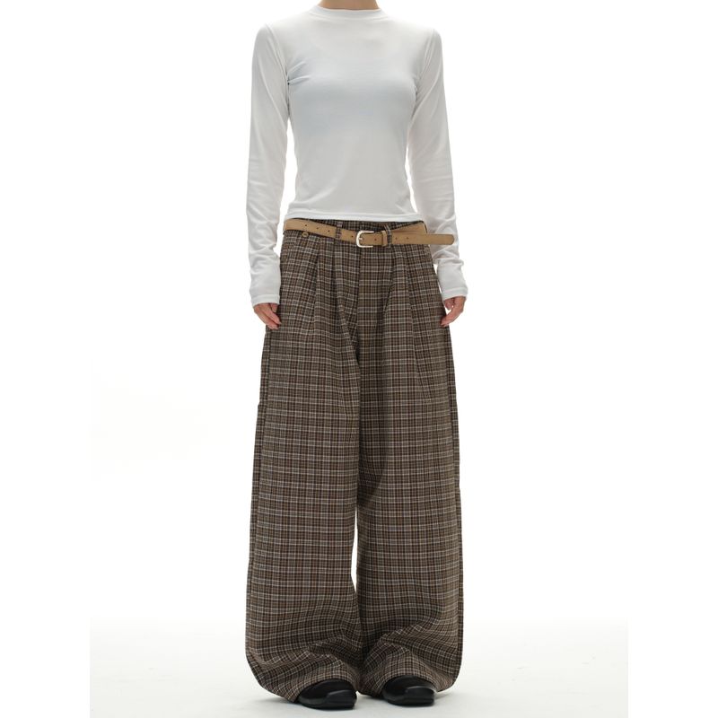 Kisko American Retro Double-Pleated Brown Plaid Drape Casual Pants for Men and Women, High-End Loose Straight-Leg Long Pants