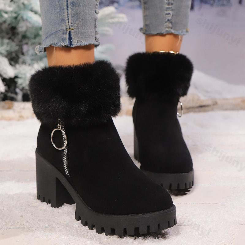 Large Size Women's Boots Winter Fashion Side Zipper Tumed-over Edge Cotton Shoes Outdoor Non Slip Comfortable Medium Heel Shoes