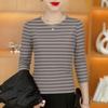 Women's Striped Long Sleeve Round Neck Slimming Base Layer Top for Middle-Aged and Elderly Mothers