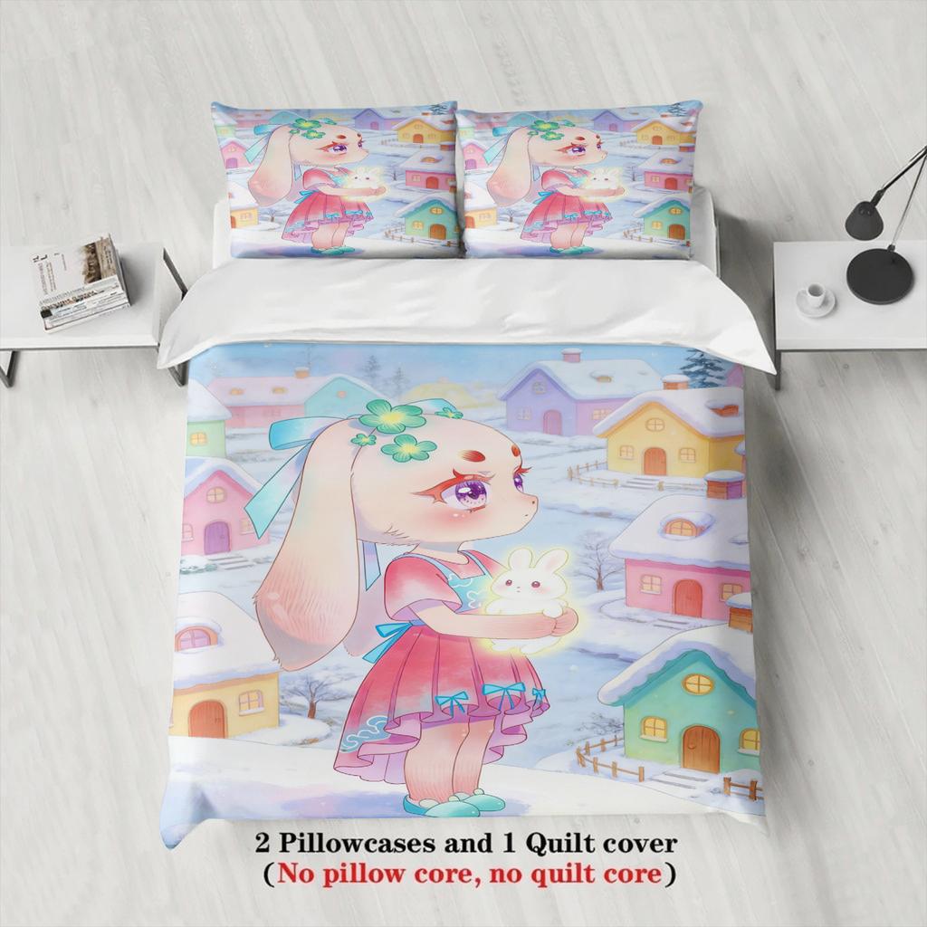 Softville Cozy Town 3PCS Bedding Sets Lop Rab Holding a Bunny Winter Pinted Duvet Cover No Filling Cartoon Style Queen King Size