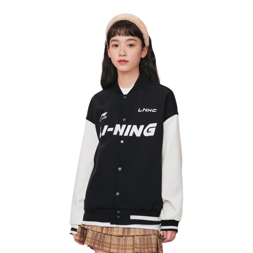 Li Ning Sports Lifestyle Series American Vintage Street Style Spliced Single-Breasted Long Sleeve Baseball Jacket Unisex Jacket Black AWDU779-2