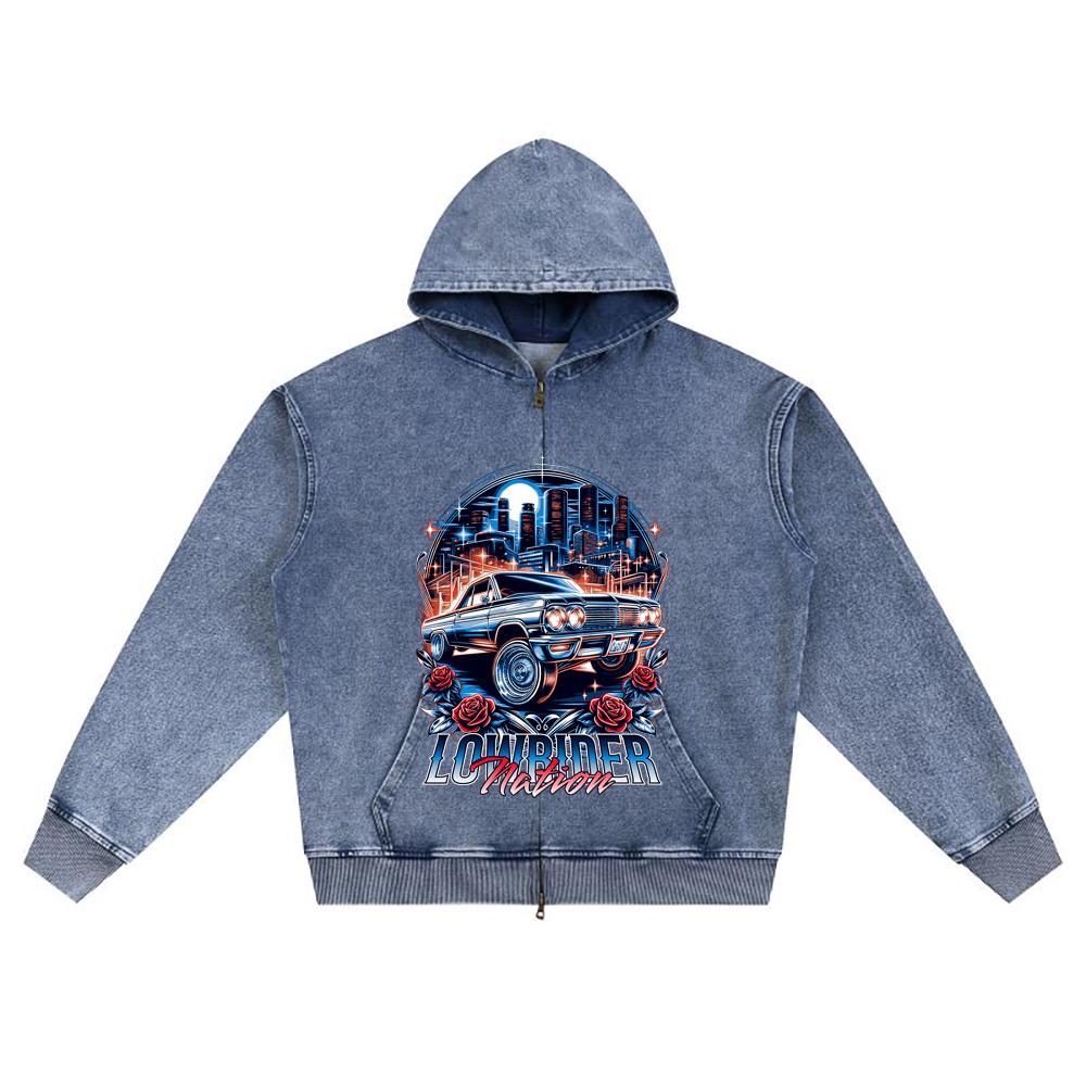 DTG Print Knitted Denim Zip-Up Hoodie Lowrider Nation Brother Print Zipper Hoodies  