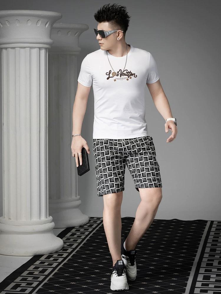 Ozhouzhan Beads Print Fashion Brand Short sleeve T-shirt Men 2025 New Mercerized Cotton Men's Top Summer T-shirt