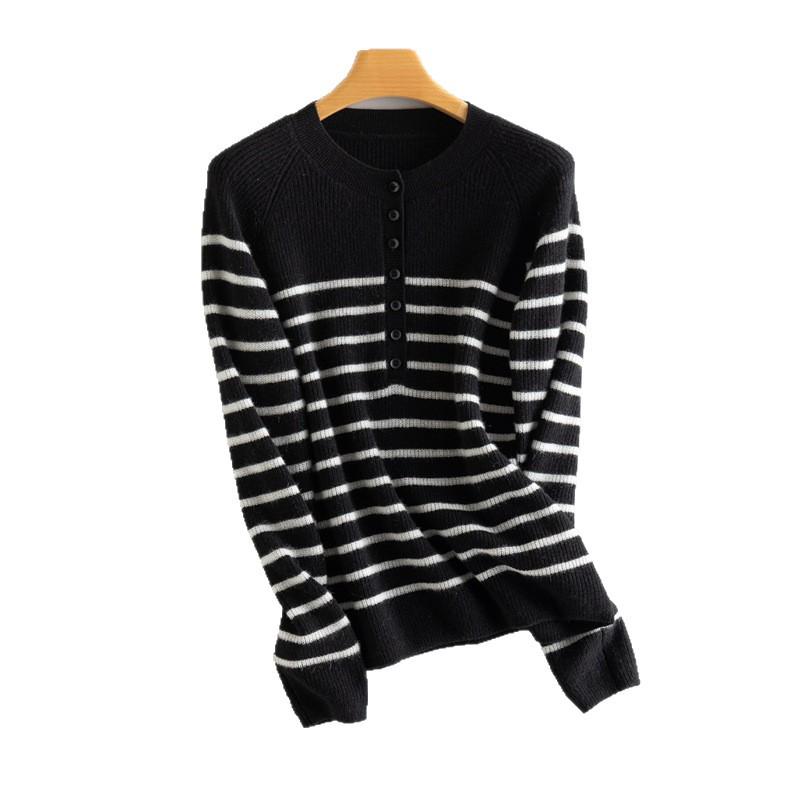 Women's 100% Pure Cashmere Striped Button-Up Raglan Sleeve Cardigan Sweater, Round Neck for Autumn/Winter