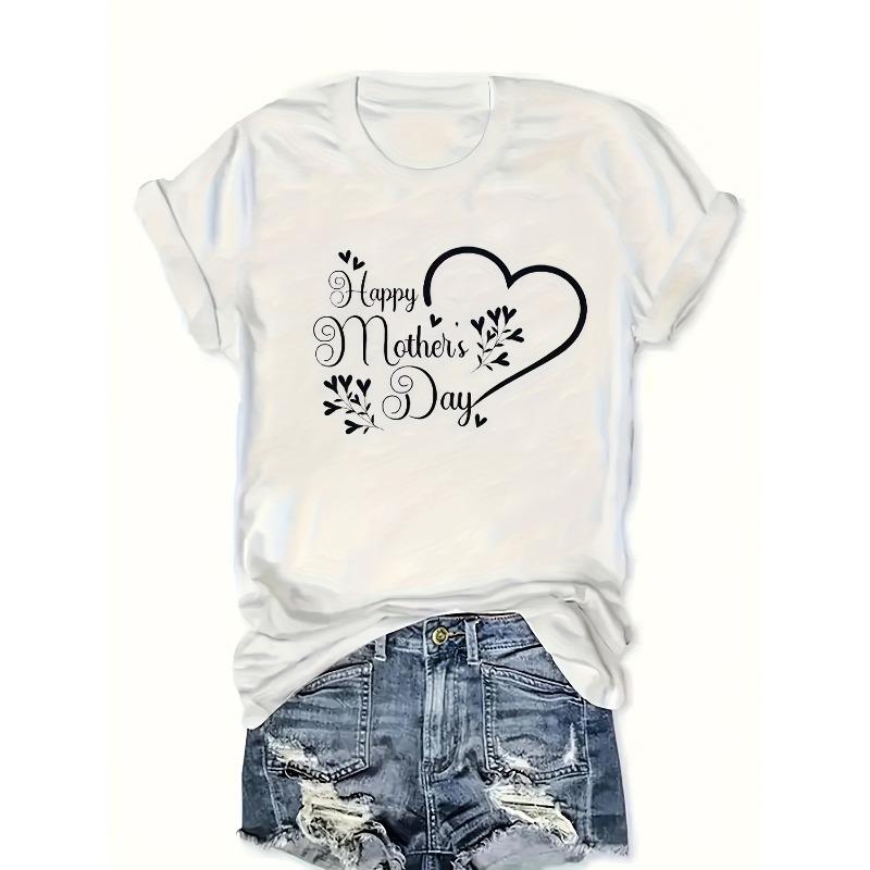 Women's Happy Mother's Day Heart Print Tee White Casual Crew Neck Short Sleeve Top