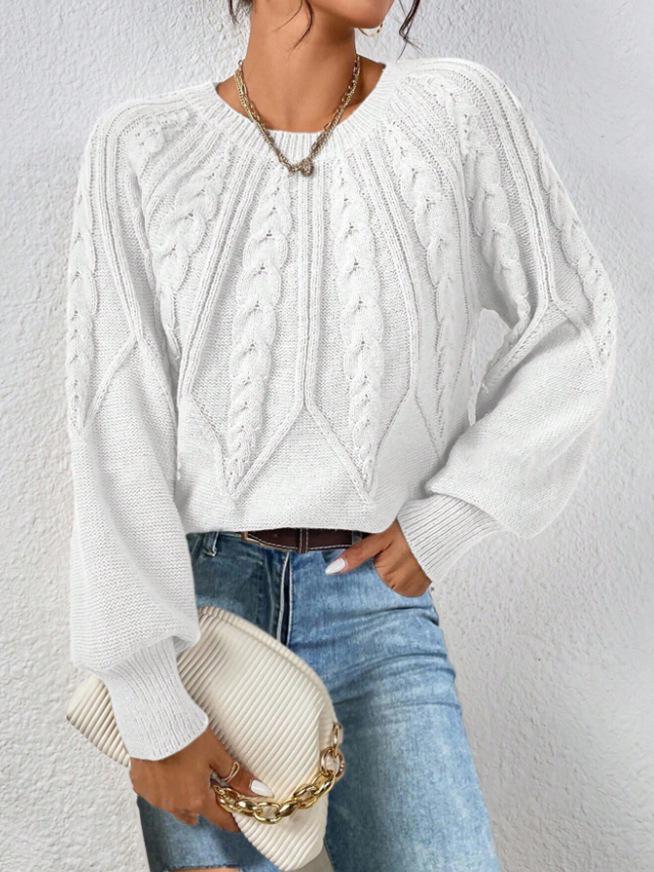 Women's Round Neck Cable Knit Sweater - Long Sleeve, Solid Color, Autumn Winter Versatile Pullover.