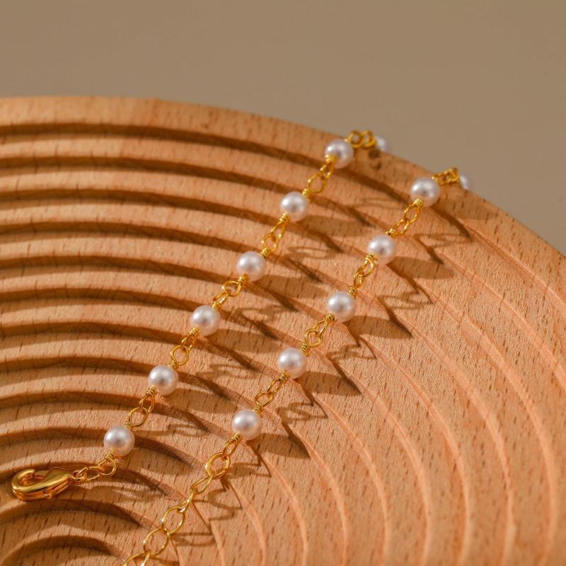 Gold Plated Dainty Spaced Tiny Pearl Bead Anklet With Adjustable Extension Chain