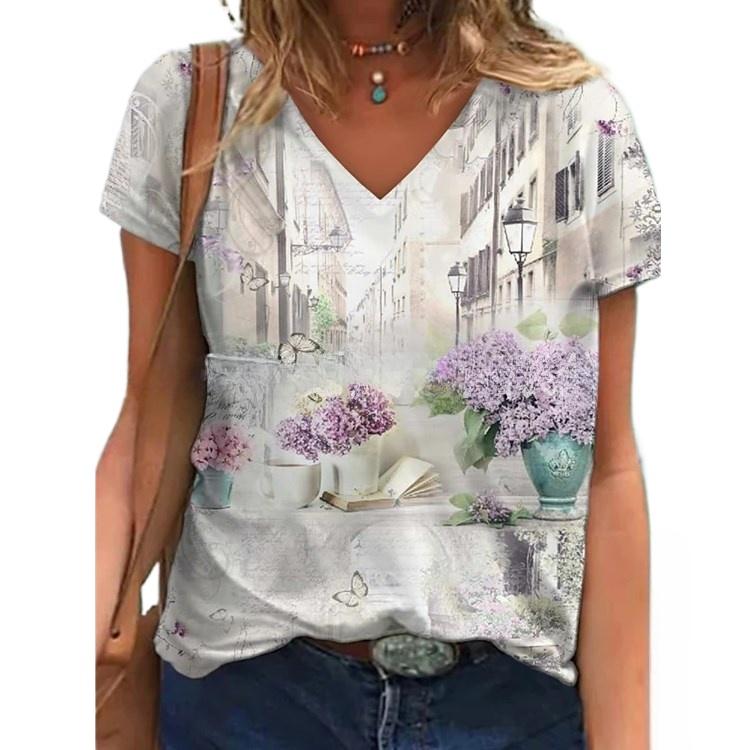 IHUASU Women's Pullover Round Neck Abstract Retro Print Street Short Sleeve Multicolour Loose Fit V-Neck T-Shirt