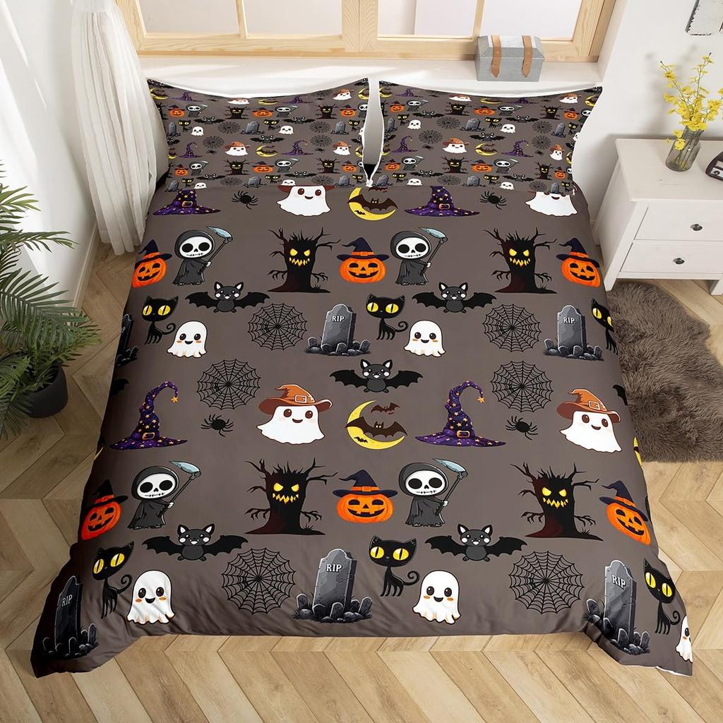 Comforter Happy Halloween Ghost Full Bedding Set For Boys Girl Spider Bat Black Cat Print Comforter Trick Or Treat Theme