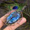 Blue Dendritic Gemstone Copper Wire Wrap Jewelry Pendant 3.39"