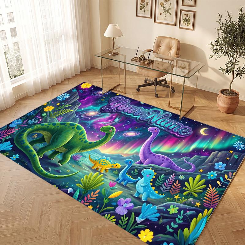 Dinosaur Theme Soft Crystal Velvet Rug Custom Name & Text Print Non Slip Floor Rug for Bedroom Living Room
