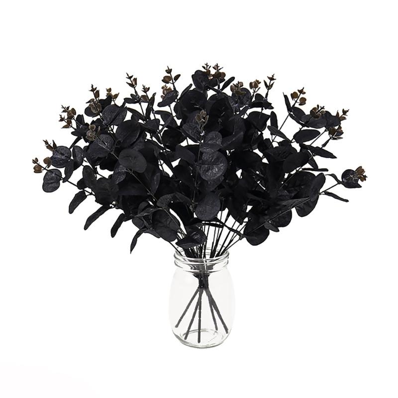 1/10/12Pcs Artificial Leaf Branch, 34cm Artificial Plant Black Leaves for Halloween Party Centerpieces, Home Decoration