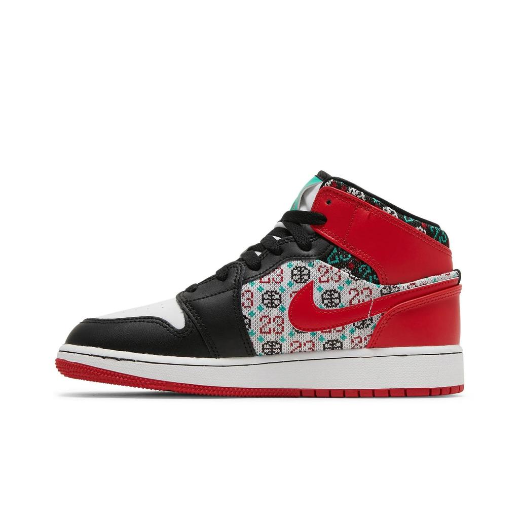 Air Jordan 1 Mid SE Grade School 'Ugly Christmas Sweater' (Unisex) White / Black / Roma Green / University Red Kids' Basketball Shoes DM1208 150