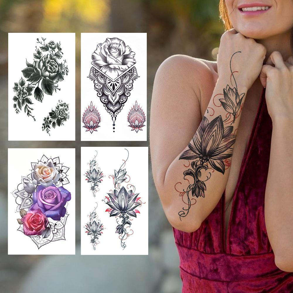 Tatuaje Temporare Colorate cu Lotus Pentru Femei Fete Flori de Trandafir Mehndi Autocolant Tatuaj Iasomie Bujor Tatuaje Impermeabile Artă Corporală Mână