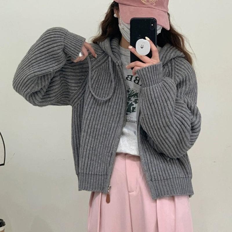 Autumn Winter Women Hooded Zipper Knitted Sweater New Loose Long Sleeved Cardigan Jackets Short Coats Sweet Casual Elegant Solid Color Clothing