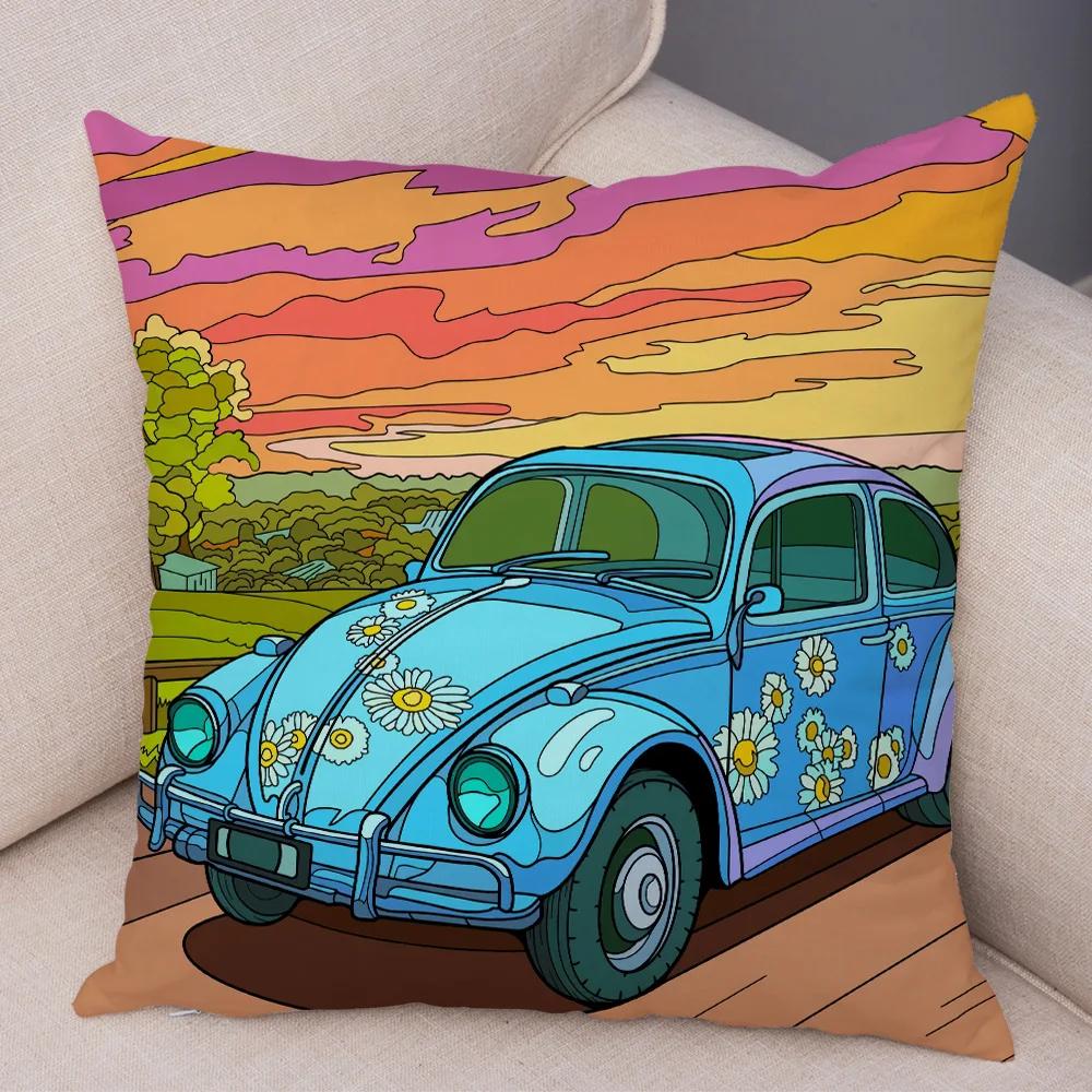 Both Sides Pillow Case Decor Happy Camper Cartoon House Travel Car Cushion Cover for Sofa Home Super Soft Plush Pillowcase