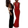 Women's Autumn and Winter New Temperament Sexy Halter Neck V-neck Backless Side Slit Dress