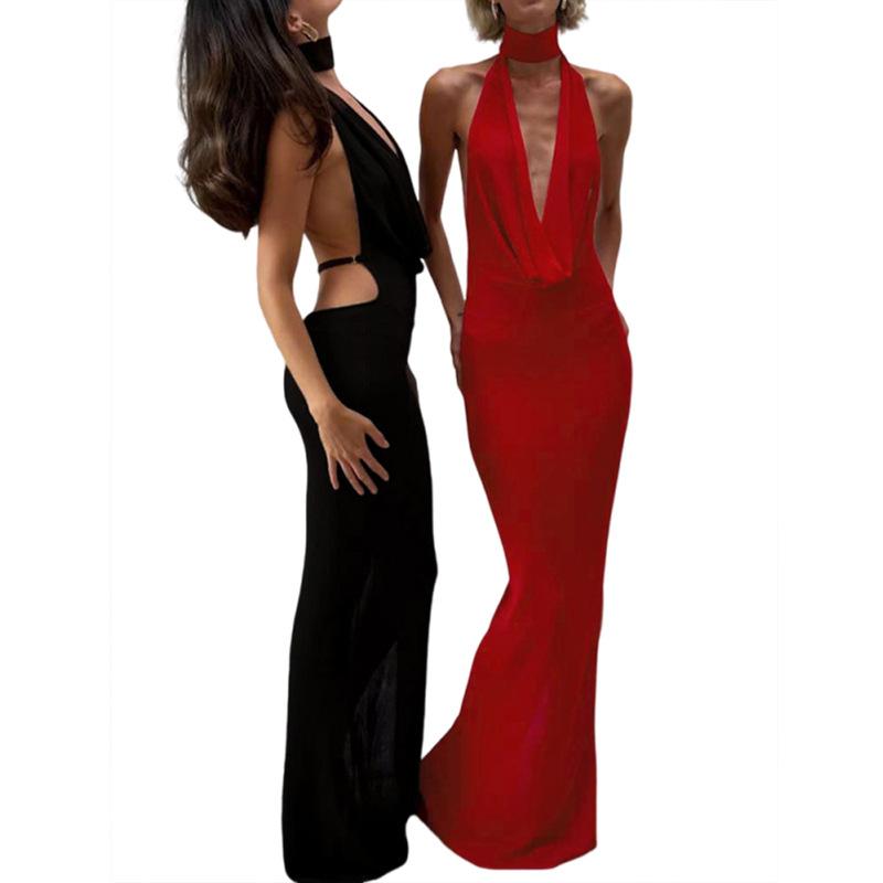 Women's Autumn and Winter New Temperament Sexy Halter Neck V-neck Backless Side Slit Dress