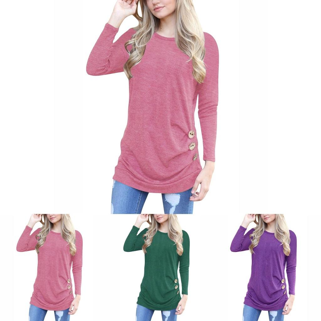 Stylish Long-sleeve Button Detail T-shirt For Women In Various Colors And Sizes