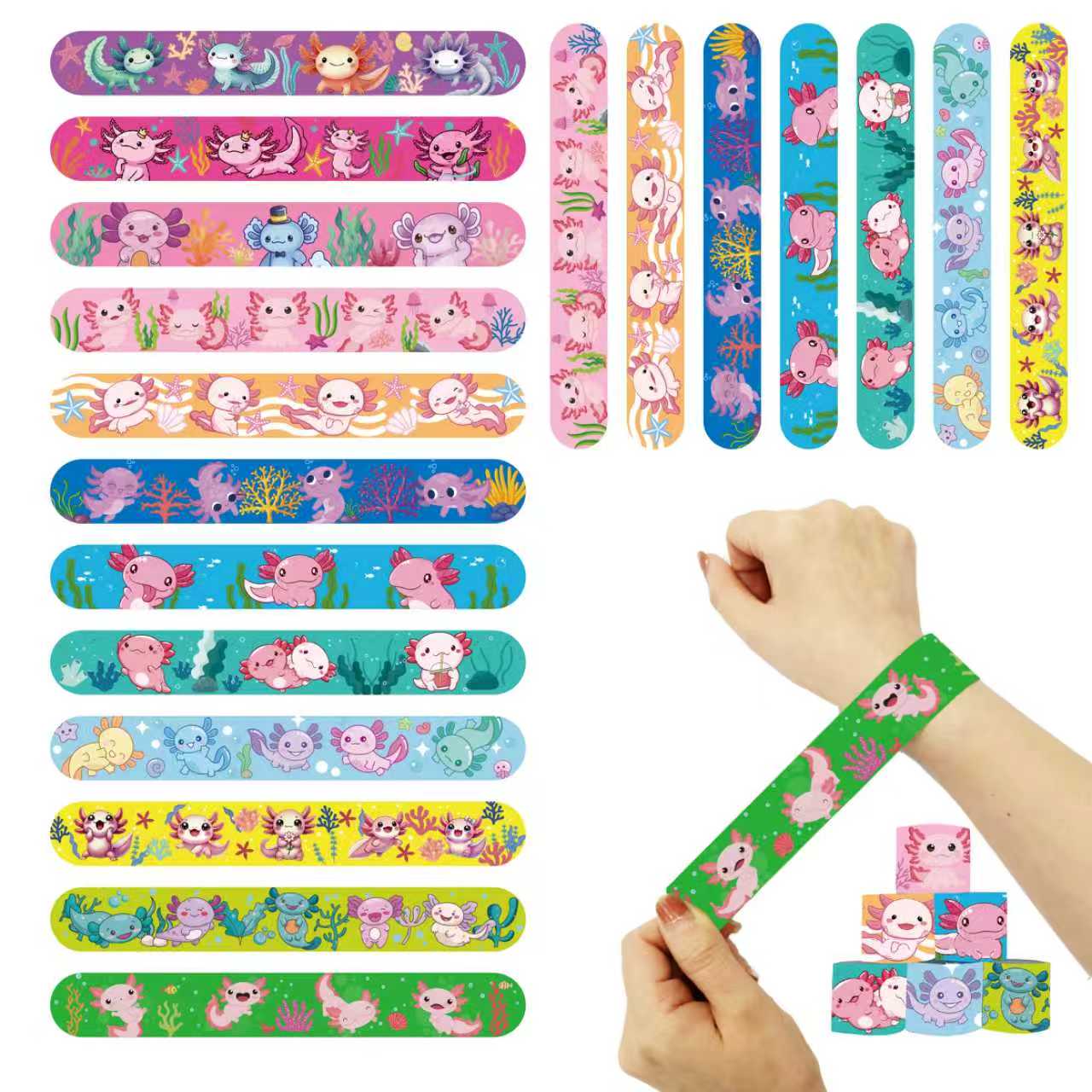 

12/24/36pcs Axolotl Slap Bracelets Anime Party Favors Birthday Gifts Baby Shower Decorations Snap Band Kids Girls for Kid Friendly Entertaining Fun 12pcs