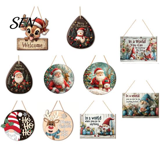 Festive Front Door Signs 2D Christmas Wooden Hanger Ornaments, Santa Snowman Reindeer Welcome Wall Xmas Hanging Decor Sign, Rustic Farmhouse