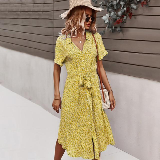 Beach Summer Dress Shirt Floral Vintage High Waist Dresses Women Casual Loose Single-Breasted Slim Elegant Robe