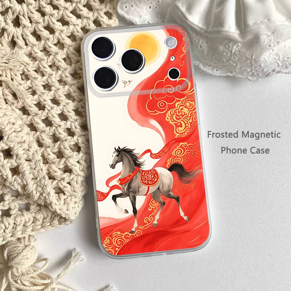 Moderne chinesische Stil Rotes Pferd Handyhülle Für iPhone 14,16,12,17,13,15,11 Max,Pro,Mini,Plus,Air,E Magnetisch Matt Transparent