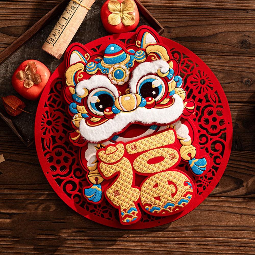 3D nálepka na dveře k čínskému Novému roku Plyšový lví tanec Novoroční dekorace Zeď