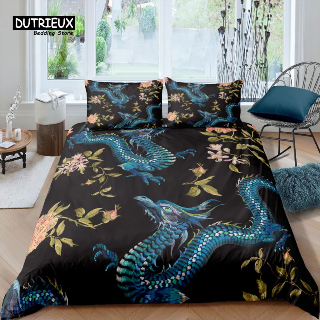 Home Living Luxury 3D Dragon Bedding Set Embroidered Duvet Cover Pillowcase Queen and King EU/US/AU/UK Size Comforter Bedding