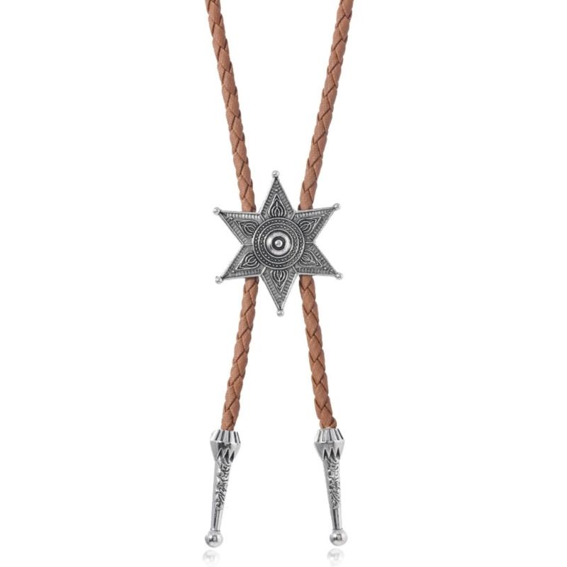 

Cowboy Bolo Tie with Braided Leather Cord and Metal Hexagram Star Pendant Adjustable Chain Necktie Shirt Collar Necklace 1