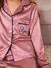 Set Pigiama Lungo Manica Lunga da Bambina in Raso Setoso Rosa Polveroso Ricamo Collo a Revers Bottone Pantaloni Lunghi Loungewear Pigiama per Ragazze Teen 8-12Y