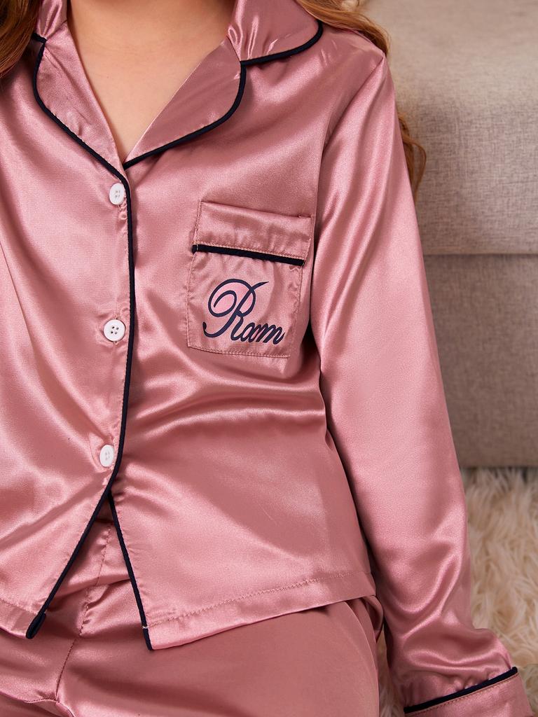 Set Pigiama Lungo Manica Lunga da Bambina in Raso Setoso Rosa Polveroso Ricamo Collo a Revers Bottone Pantaloni Lunghi Loungewear Pigiama per Ragazze Teen 8-12Y