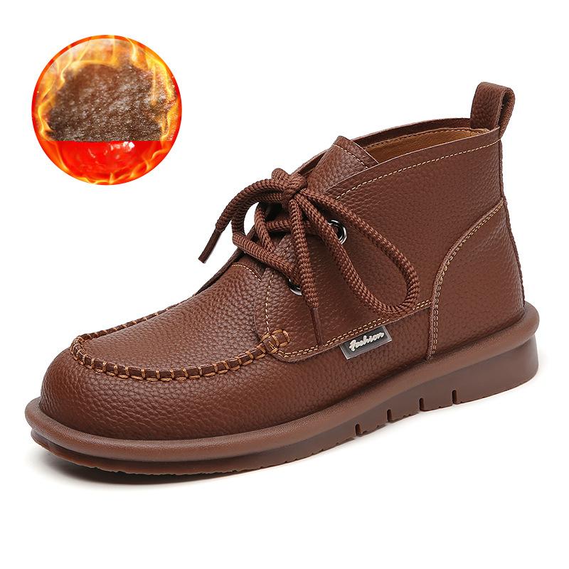 Retro Schnür-High-Top-Damenschuhe, Warme und Samt-Kurzstiefel, Lässige Herbst- und Winter-Leder-Schuhe für Damen mit Anti-Rutsch-Sohle