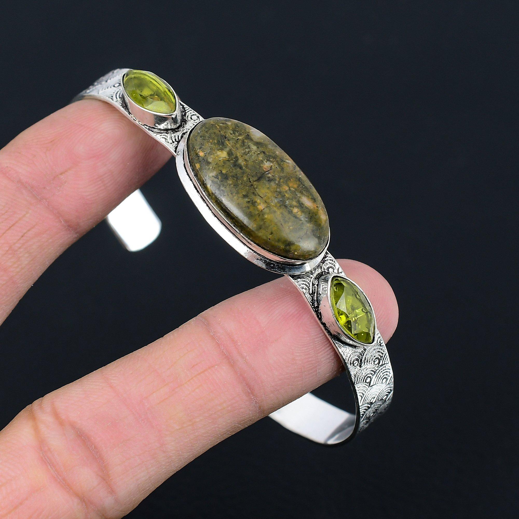 

Natural Rainforest Jasper Gemstone Bangle Adjustable 925 Sterling Silver Jewelry Adjustable