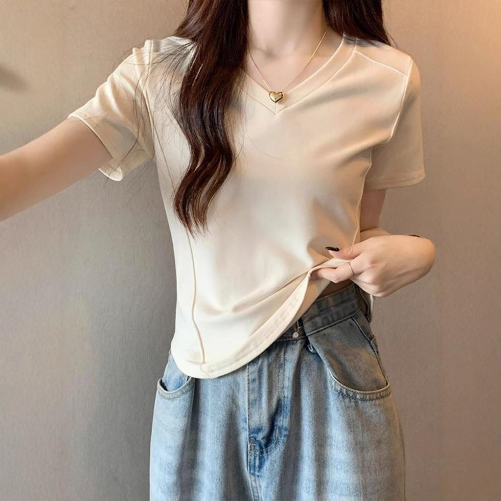 V-neck Short-sleeved Front Shoulder Slimming Fish Bone Irregular Base Top T-shirt for Women Spring and Summer New Short-sleeved Shirt