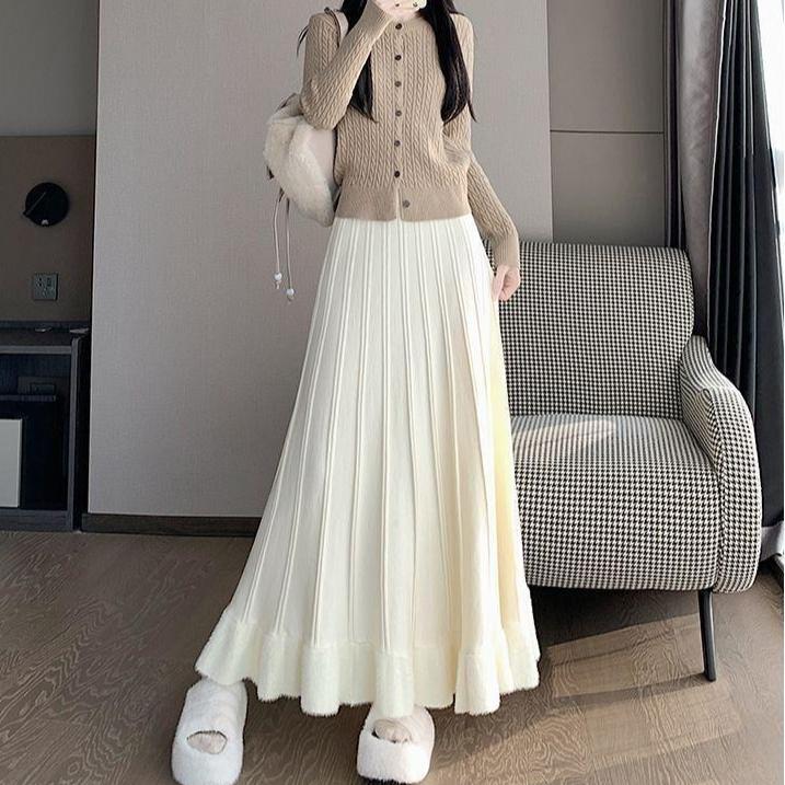 Autumn Winter Women's Knitted Pleated Skirt Long High-waist A-line Skirt