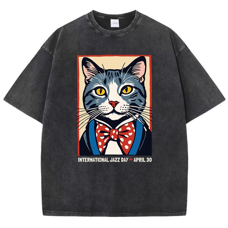 Cotton Woman Washed T-Shirts International Jazz Day April 30 Print Tee Shirts Distressed Crewneck Oversized Tops Clothes