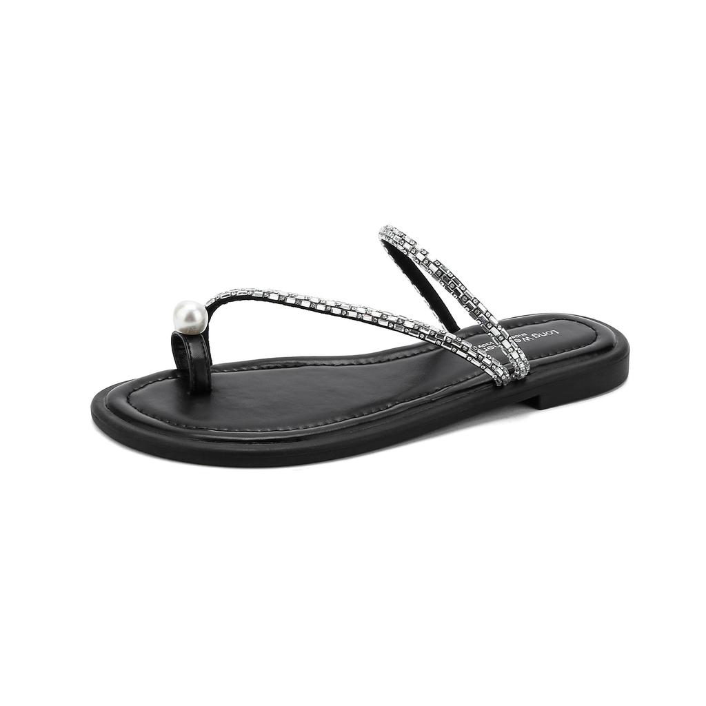 Fashion pearl rivets clip toe slippers women crystal beading narrow band flip flops new summer beach slides shoes  sandalias mujer