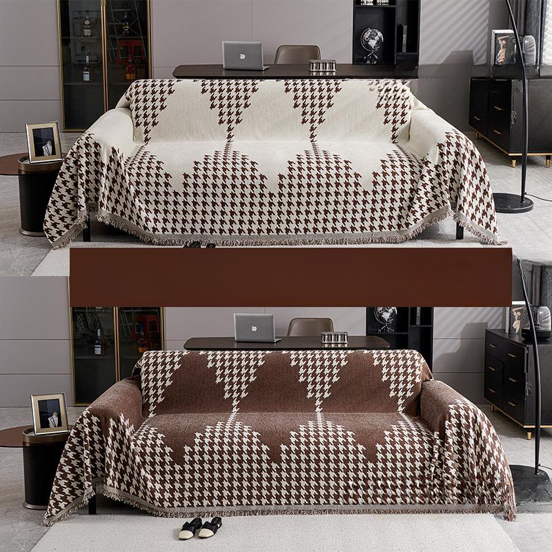 

Новое двухстороннее полотенце для дивана из шенилла с узором «гусиная лапка», универсальное для всех сезонов, изысканное кружевное полотенце для диванной подушки с кисточками, нескользящая подушка 180*130cm