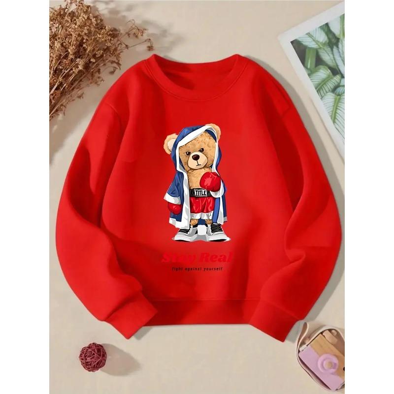 European sizes Kids' Crewneck Sweatshirt - Teddy Bear Boxing Fighter Hoodie , Sportswear And Casual Wear, Soft And Comfortable, Children's Clothing