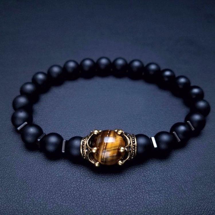 Men's Frosted Tiger Eye Stone Crown Bracelet – Fashionable European & American Beaded Jewelry