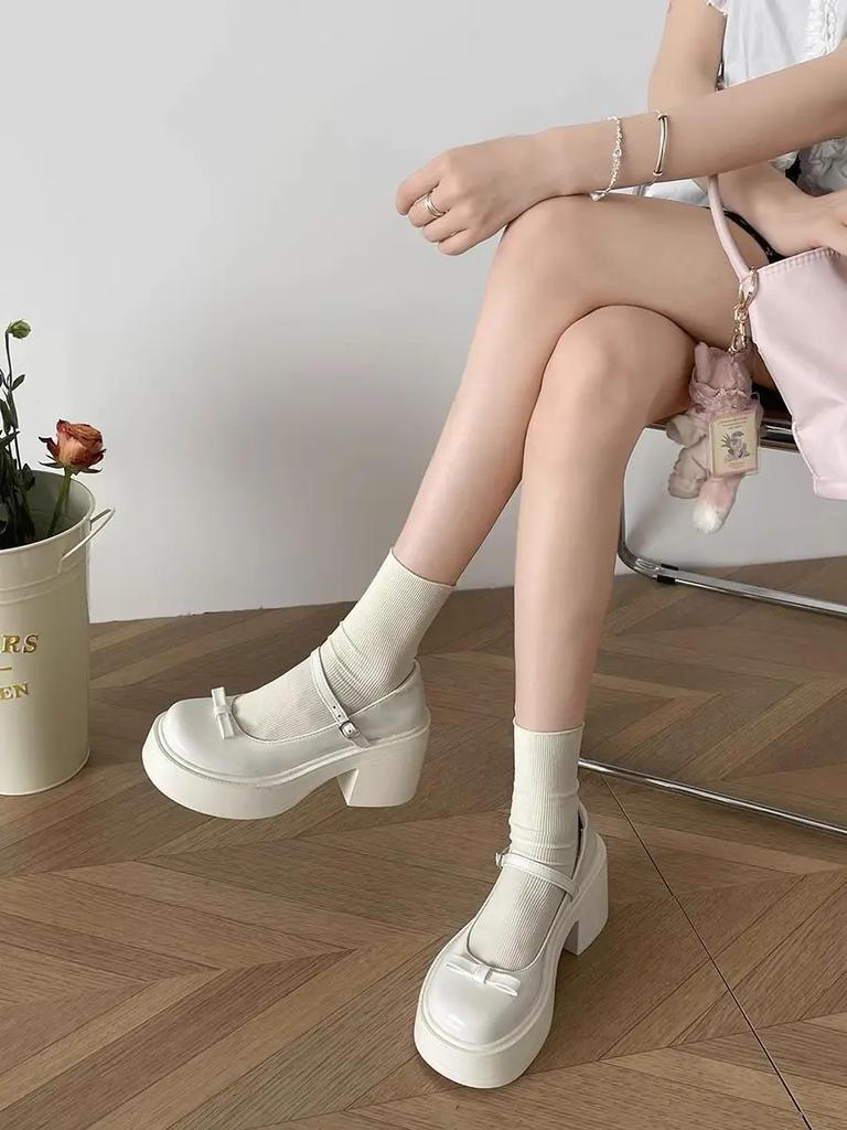 Fashion Gothic Block Heel Chunky Heels with Bow Women's Shoes Ladies Pumps Mary Jane Japanese Style Lolita Round Toe Medium Y2k Footwear