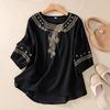 Women Summer Embroidered Round Neck Linen Cotton Blouse