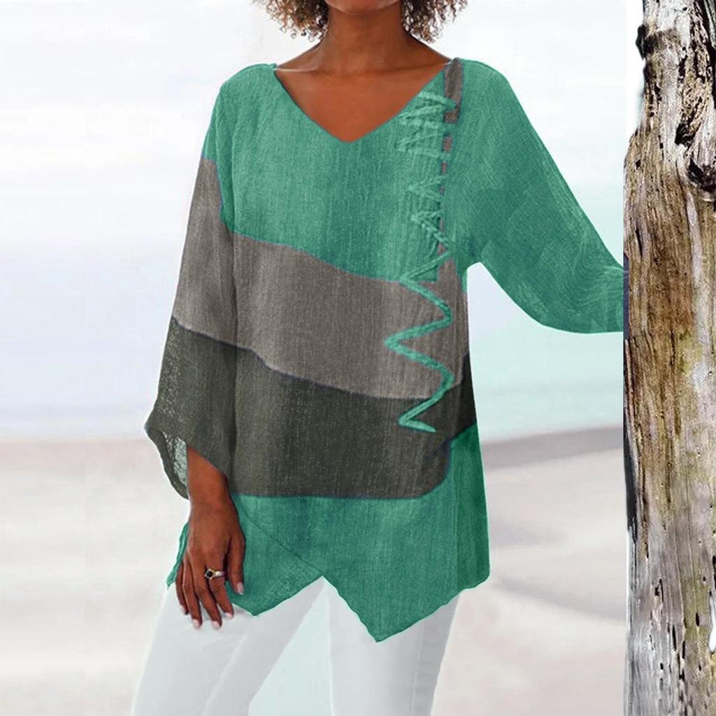 Top Retro Autunnale con Scollo a V e Stampa Artistica a Maniche Lunghe da Donna